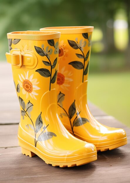 yellow rain boots with flowers and leaves