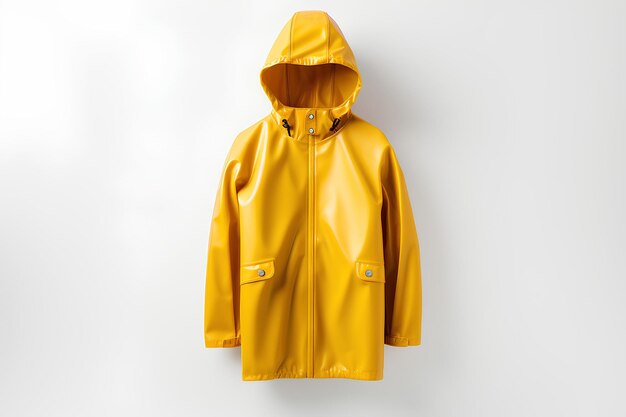 A yellow rain coat hanging on a white surface