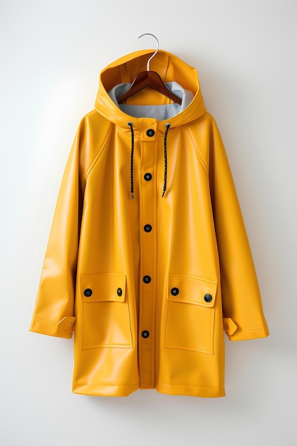 Photo a yellow rain jacket hangs on a white wall