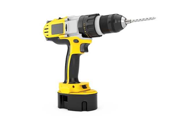 Yellow Rechargeable and Cordless Drill on a white background. 3d Rendering