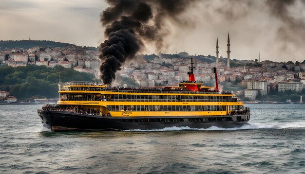 a yellow and red ferry with smoke coming out of the top