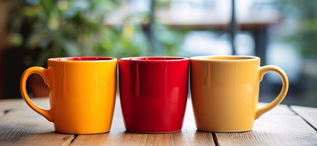 テーブルの上にある黄色とオレンジの陶器のカップコーヒーやお茶のための空白のカラフルなカップ