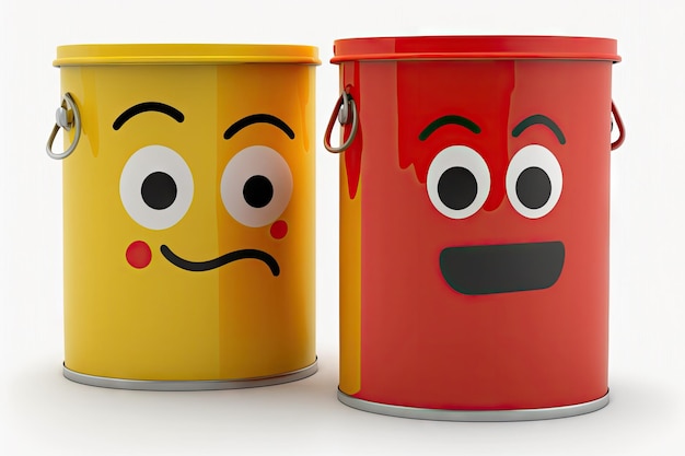 Yellow and red paint can character isolated on white background