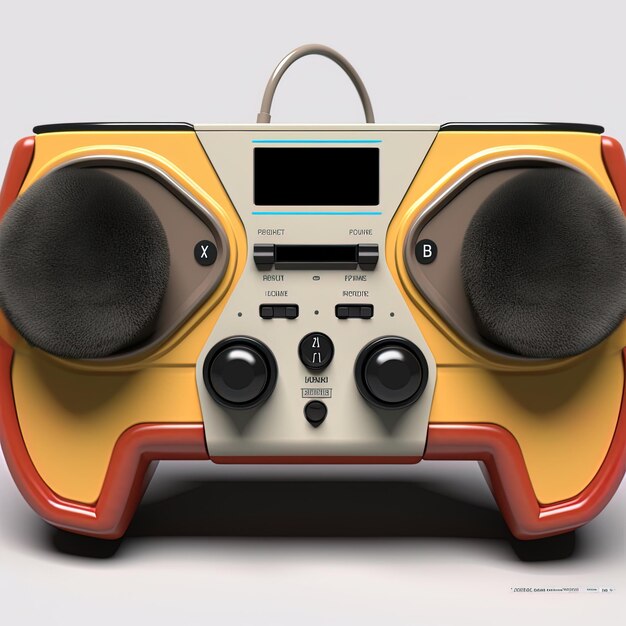 Photo a yellow and red radio with speakers on the front