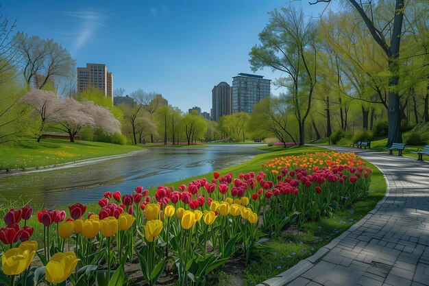 Yellow and red tulips in city park