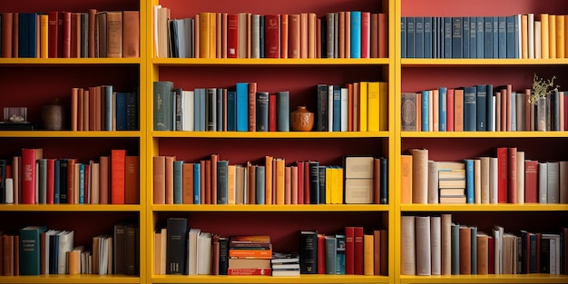 Photo yellow and red wooden bookcase filled with books zoom virtual background