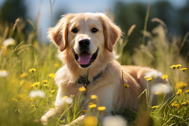 Photo yellow retriever sitting in grass playful and loyal outdoors friend generated