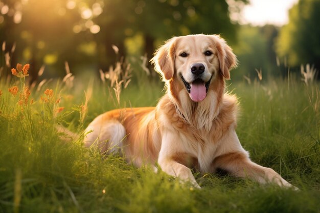 Yellow retriever sitting in grass playful and loyal outdoors friend generated