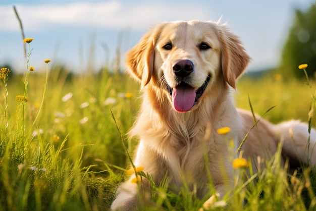 Yellow retriever sitting in grass playful and loyal outdoors friend generated