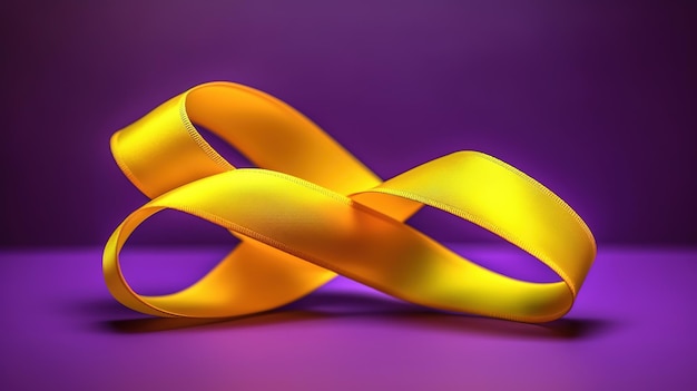 A yellow ribbon is laying on a purple background