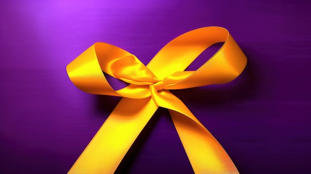 A yellow ribbon is tied to a purple background.