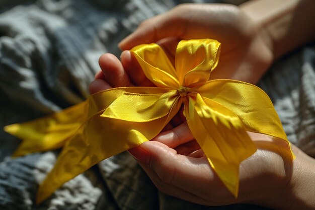 yellow ribbon with human hand on white background