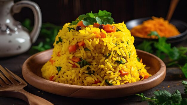 Yellow rice served with steaming vegetables and spices with generative ai