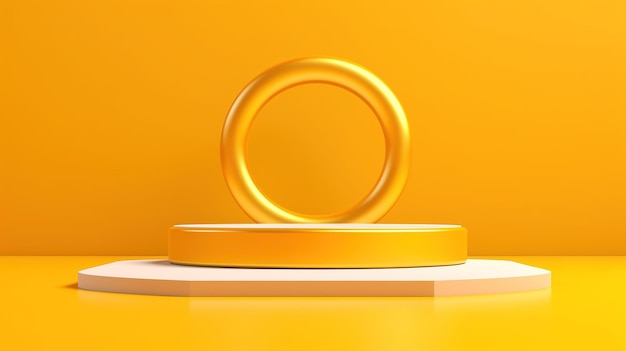 Photo a yellow ring on a round stand in front of a yellow background.