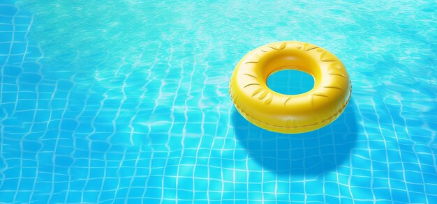 A yellow ring in a swimming pool is floating on a pool.