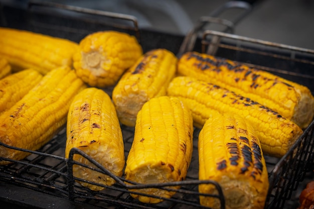 Yellow ripe corn being prepared on grill grate at summer barbeque outdoor picnic as healthy food