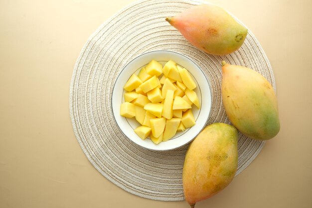 yellow ripe cut mango in a bowl top down