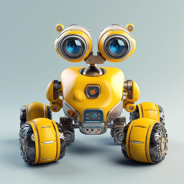 A yellow robot has a large lens on its head.