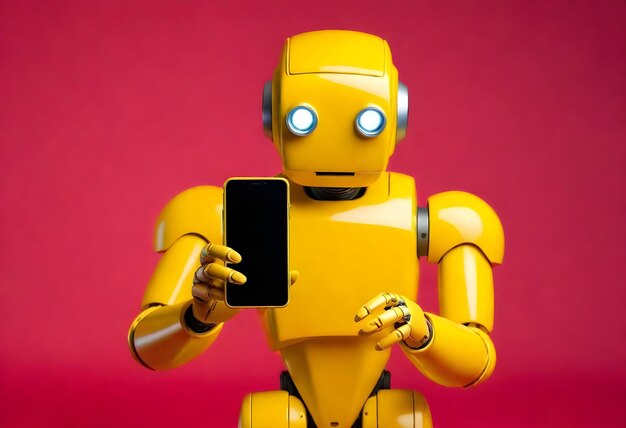 a yellow robot holding a black smartphone in his hands