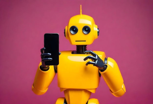 Photo a yellow robot holding a phone and a pink background