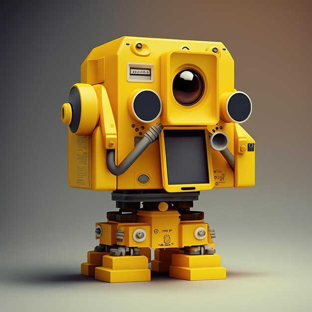 Photo a yellow robot with a black speaker on its face.