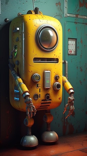 a yellow robot with a face on it's face.