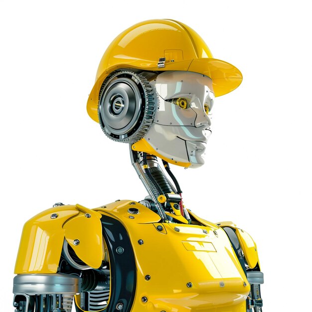 Foto un robot giallo con un casco giallo sulla testa