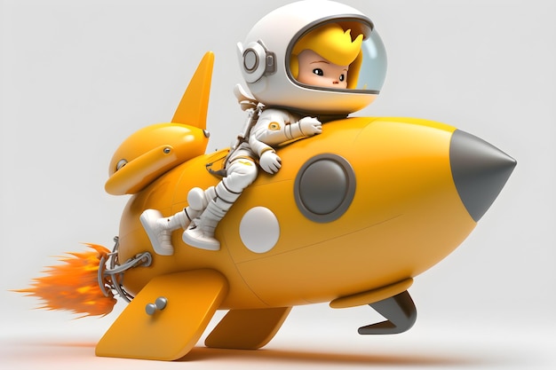 A yellow rocket with a boy on it