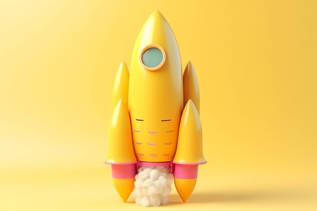 A yellow rocket with a pink button on the front.