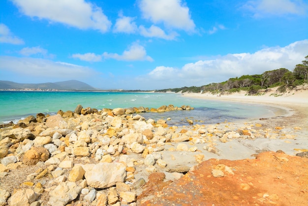 Yellow rocks by the shore in Mairia Pia beach Sardinia