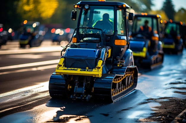 yellow roller in a row on the road