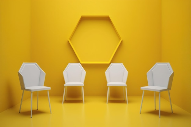 A yellow room empty with chairs and a potted plant