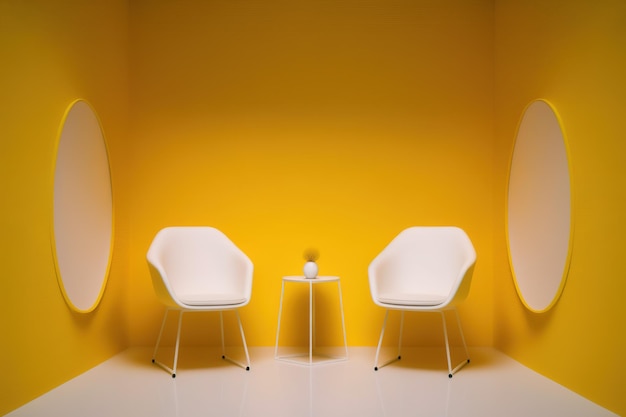 A yellow room empty with chairs and a potted plant