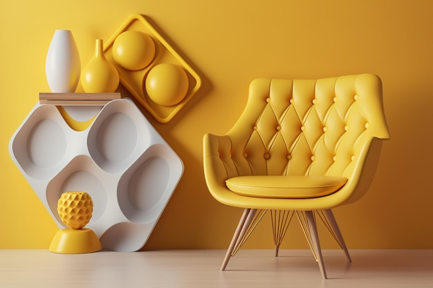 A yellow room empty with chairs and a potted plant