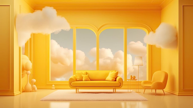 A yellow room with cloud clouds in the windows in the style of rendered in cinema4d