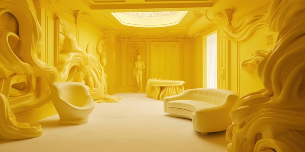 A yellow room with a couch and a table with a lamp on it.