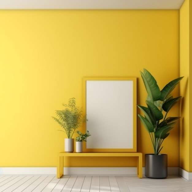 A yellow room with a picture frame and plants.