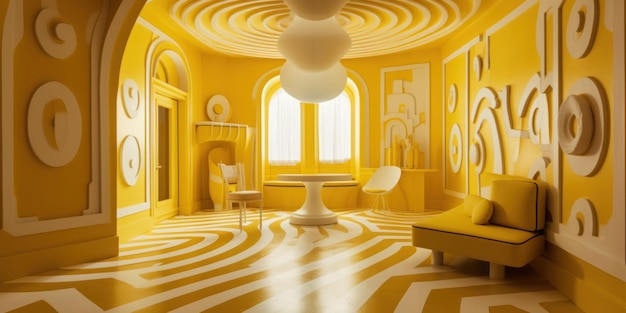 A yellow room with a white table and a white table with a lamp on it.