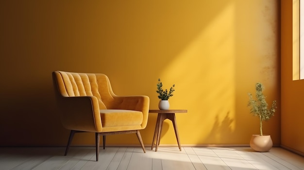 Yellow room with a yellow chair and a plant on the table.