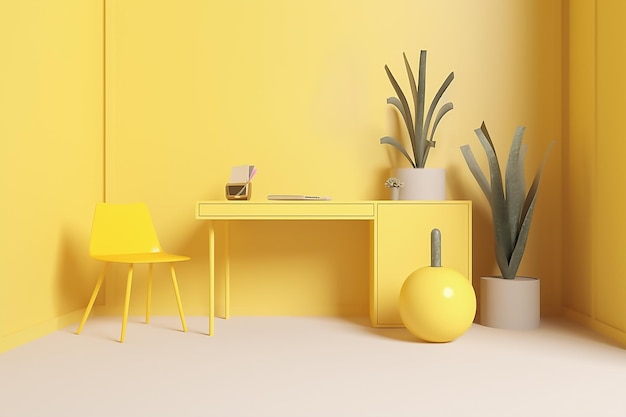 A yellow room with a yellow table and a plant Generative Ai