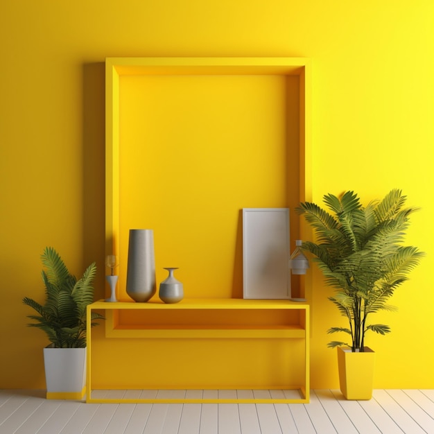 A yellow room with a yellow wall and a plant on the left side.