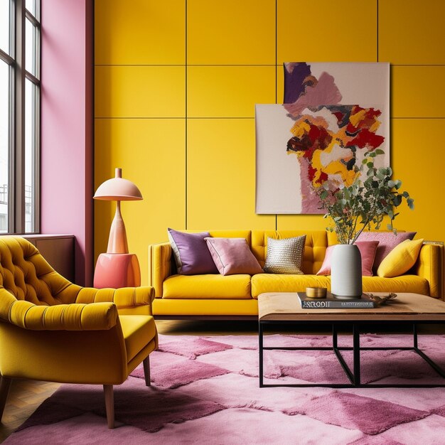 a yellow room with a yellow wall with a painting on it