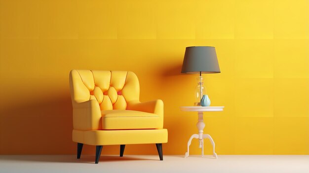 Photo in a yellow room a yellow chair with a button on the back is seated generative ai