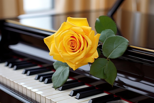 위에서 본 피아노 건반 위에 노란 장미