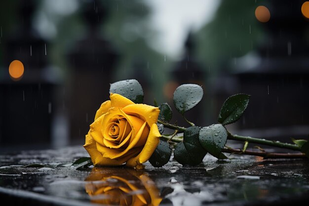 背景にぼやけた墓石を持つ黒い墓石に黄色いバラ