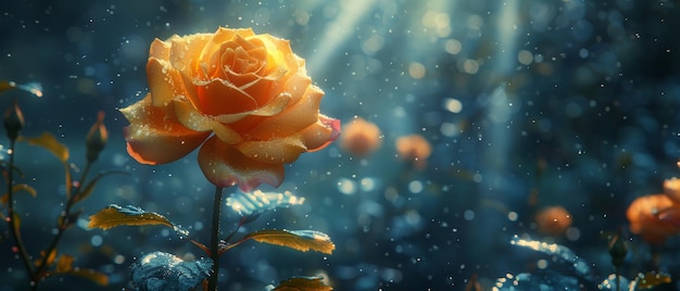 Photo the yellow rose flower is located in a fantasy magical garden in a dreamy elf forest a fairytale glade on a mysterious midnight blue background and an elven magic woods in complete darkness with