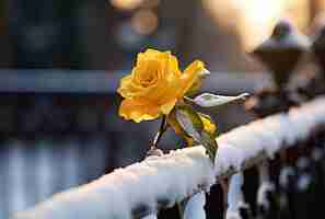 Photo a yellow rose is on a fence covered in snow