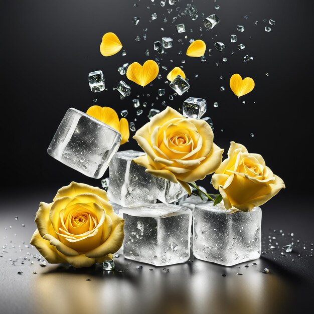 Yellow rose petals and hearts surround the falling ice cubes on a light grey background