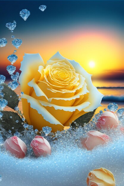 Yellow rose sitting on top of a snow covered beach Generative Ai