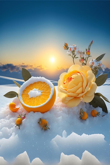 Yellow rose sitting on top of a snow covered ground generative ai